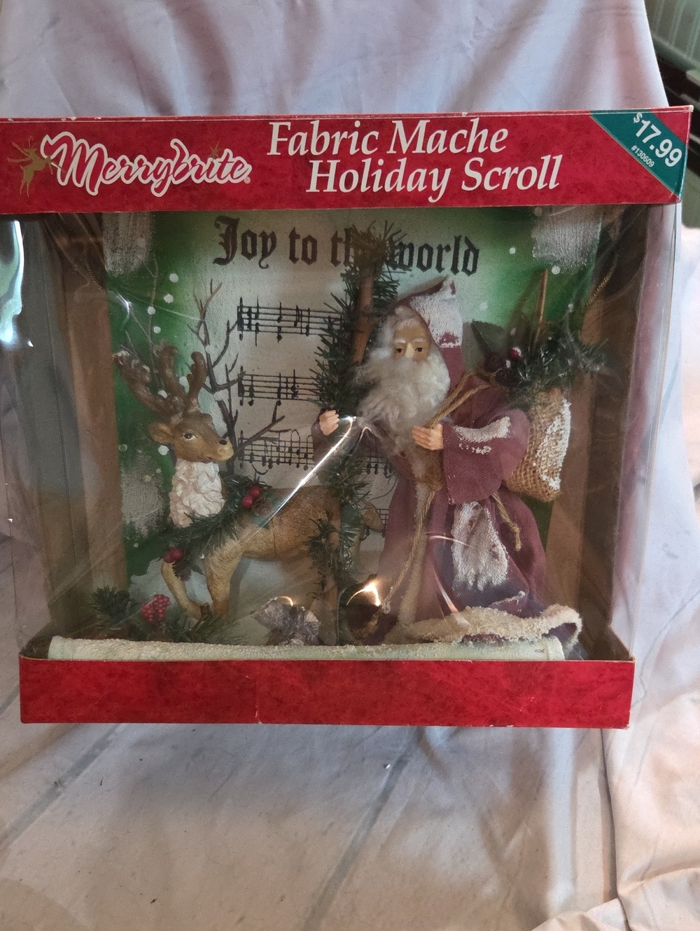 Vintage Merrybrite Fabric Mache Holiday Scroll - Red and Green Santa Scene